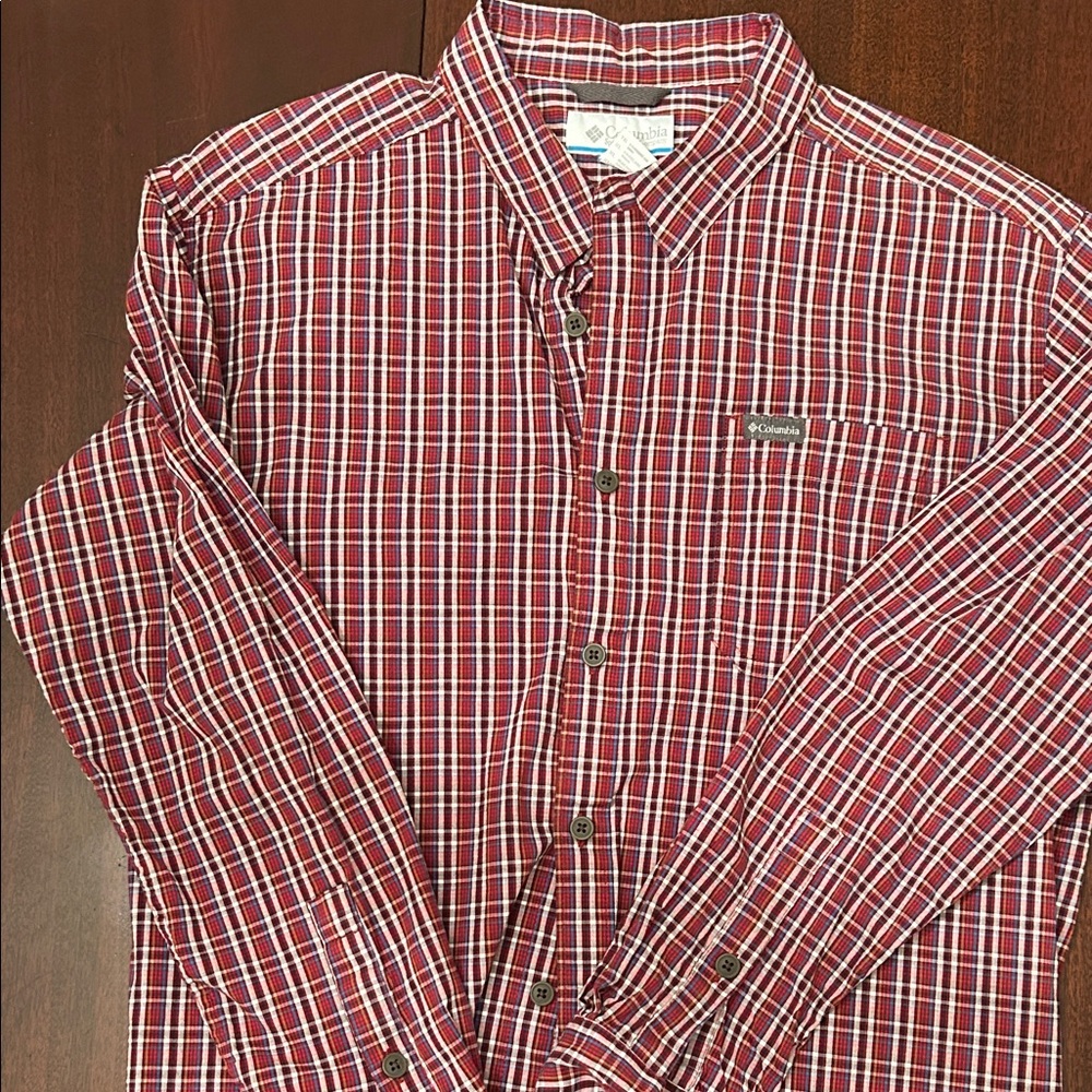 Columbia Men's Red and White Plaid Button Down Shirt